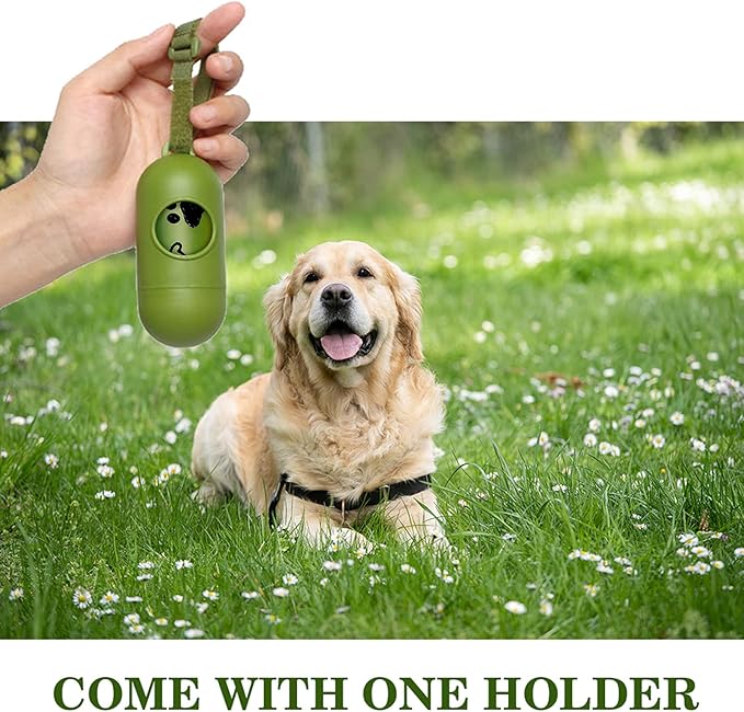 Green dog waste bag dispenser with dog in background