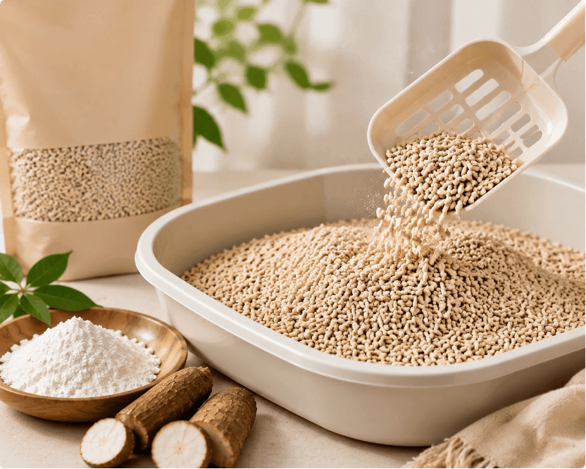 Cassava Cat Litter Clumping Test and Raw Materials