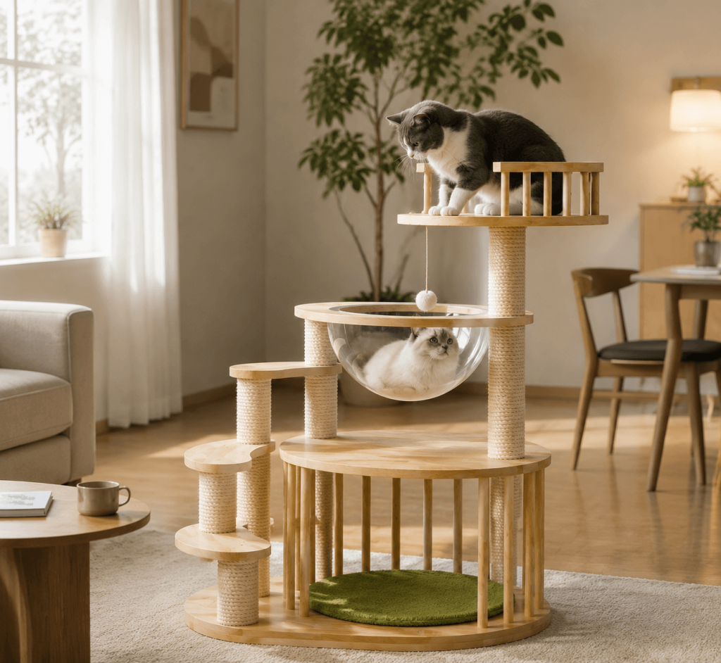 Modern wood cat tower with scratching posts, platforms, and a cozy cat bed