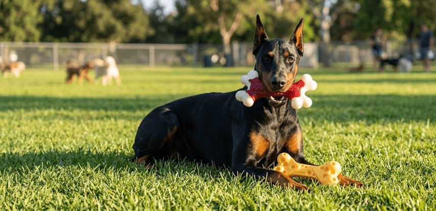 Dog chewing a durable toy outdoors