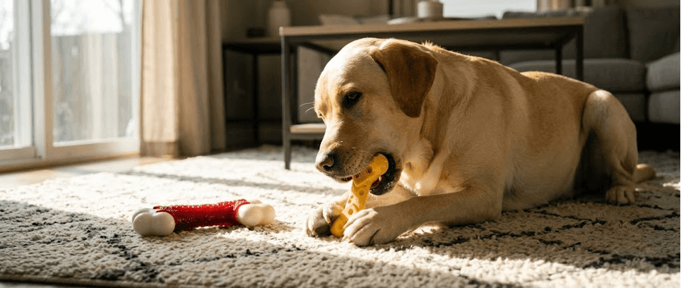 Golden retriever playing with a durable chew toy outdoors