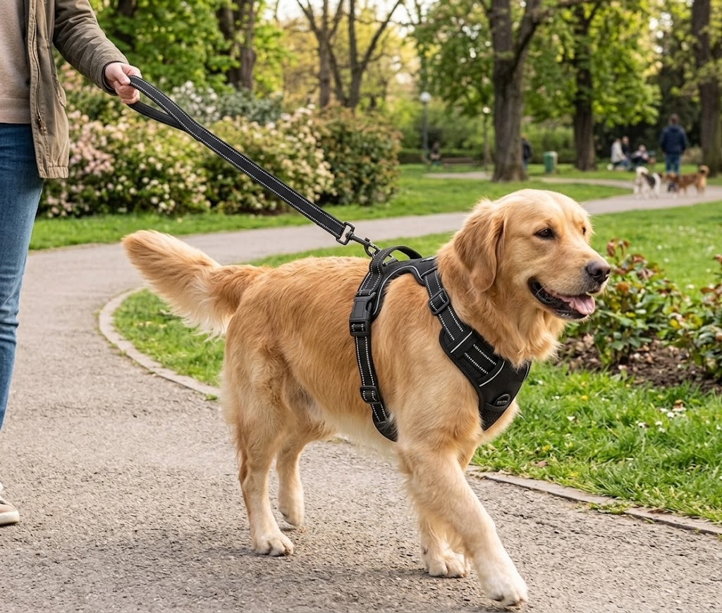 A person walking a dog wearing a comfortable harness on a paved street.