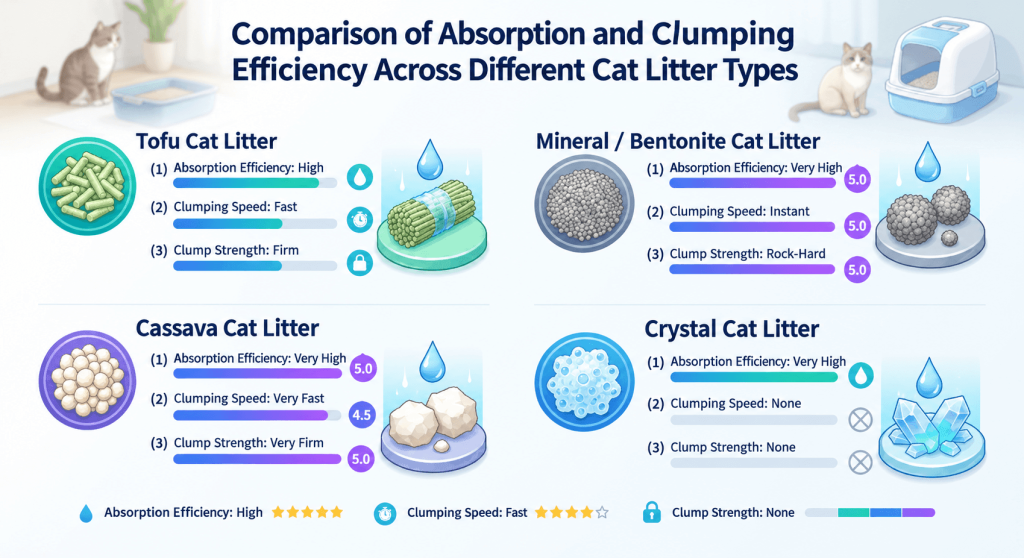 Infographic comparing the absorption and clumping efficiency of Cassava, Tofu, Bentonite, and Crystal cat litters.