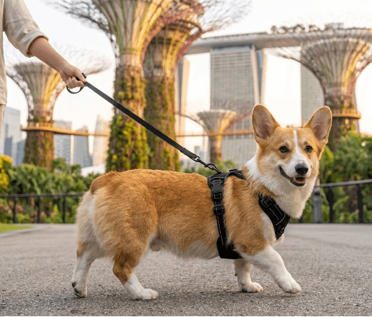 Durable dog harness in use during an everyday walk on a paved road.