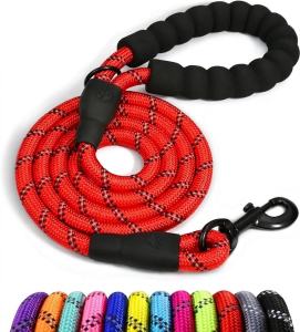 Heavy-duty reflective climbing rope dog leash with soft padded handle and 360-degree tangle-free metal clip.