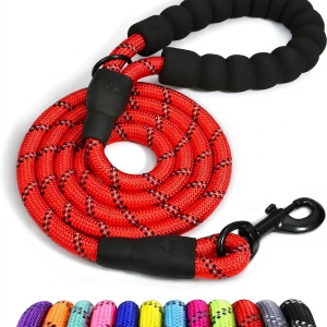 Heavy-duty reflective climbing rope dog leash with soft padded handle and 360-degree tangle-free metal clip.