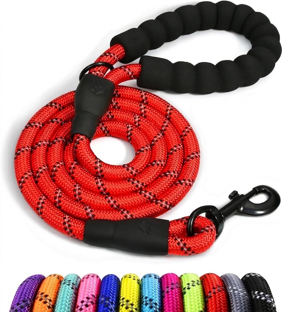Heavy-duty reflective climbing rope dog leash with soft padded handle and 360-degree tangle-free metal clip.