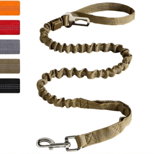 Tactical Bungee Dog Leash with Heavy-Duty Metal Frog Clip, 2 Padded Handles, and Car Seat Belt Buckle