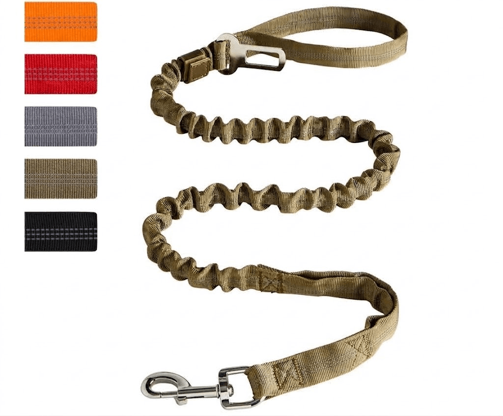 Tactical Bungee Dog Leash with Heavy-Duty Metal Frog Clip, 2 Padded Handles, and Car Seat Belt Buckle
