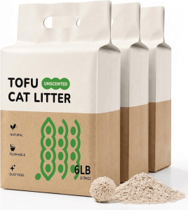 OEM Tofu Cat Litter in custom packaging with loose strip granules.