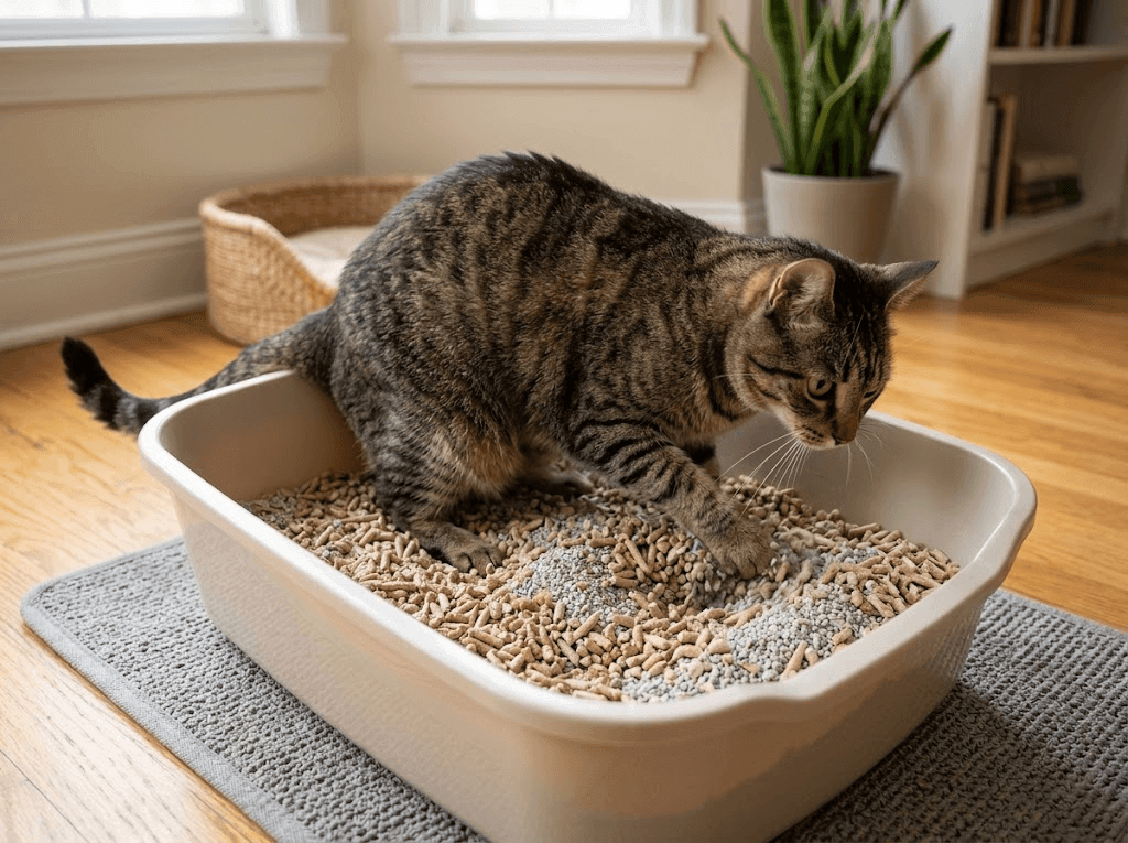 A tabby cat using a litter box filled with Cassava Mixed Cat Litter.