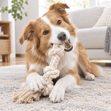 Durable knotted cotton rope dog chew toy for indoor interactive play, featuring a happy dog holding the toy.