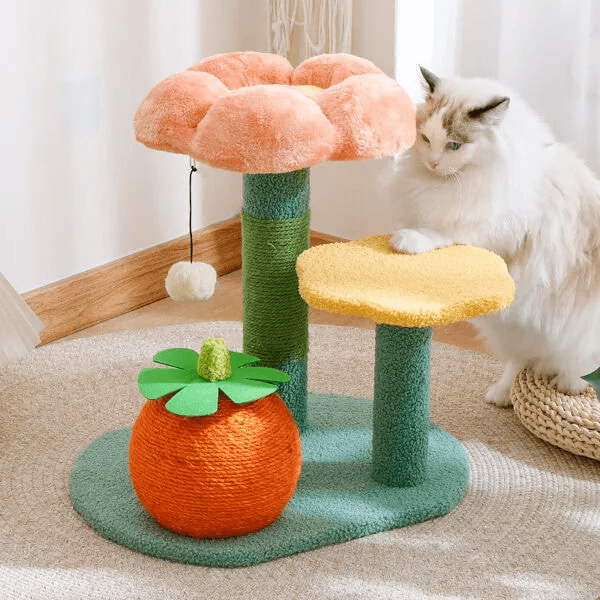 Customizable OEM flower cat tree with sisal scratcher.