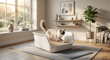 Eco-friendly tofu cat litter and anti-tracking open litter box lifestyle display in a modern home interior.
