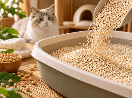 Natural soy-based tofu cat litter pouring demonstration, safe and low-dust plant cat litter.