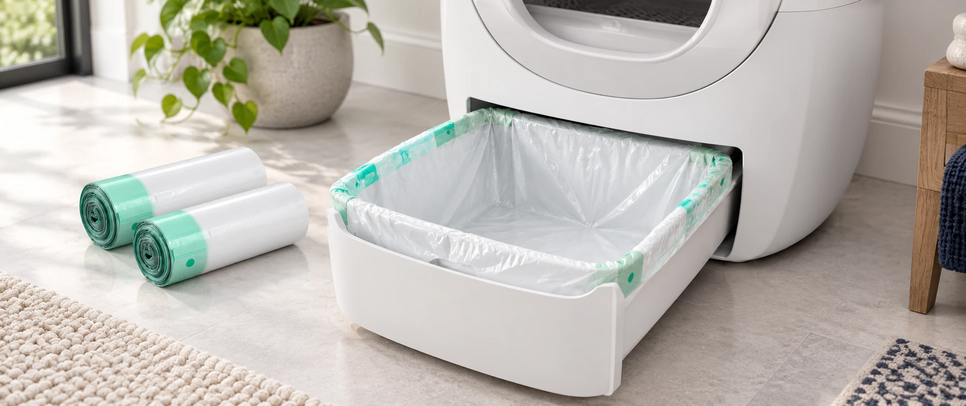 Cat litter box liner fitted inside an automatic litter box waste drawer