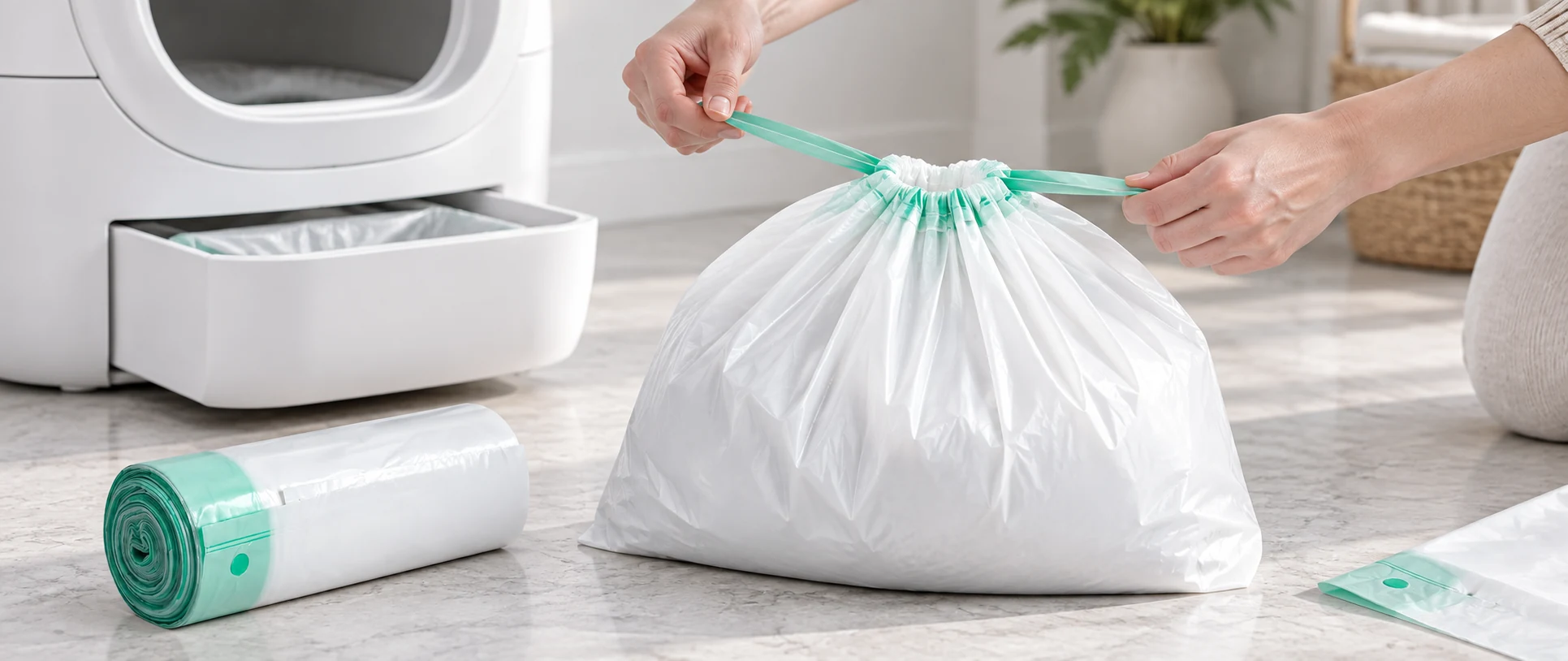 Close-up of the cat litter liner drawstring being pulled closed