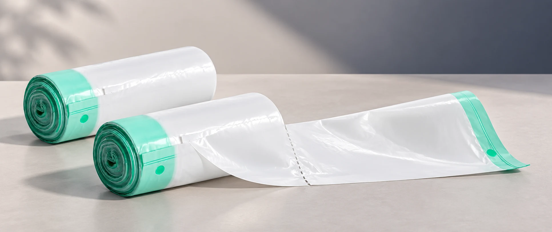 Two compact rolls of perforated cat litter box liners