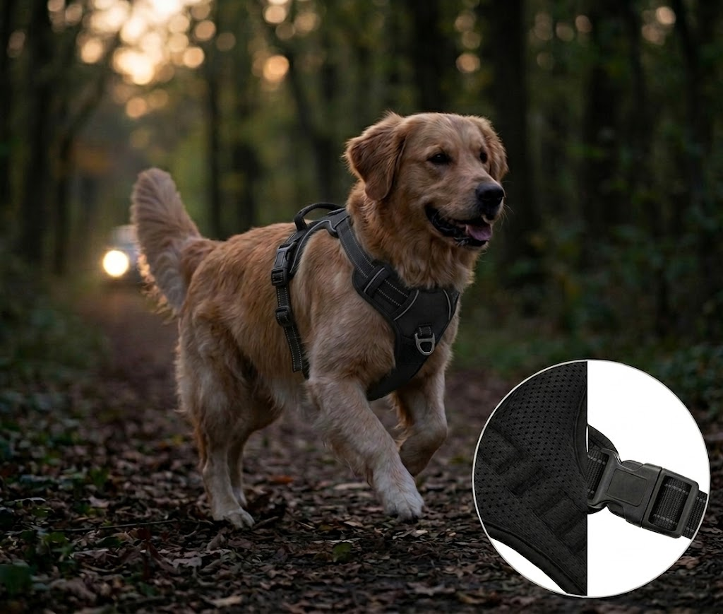 Heavy-duty dog harness sample manufactured by Lolostar, featuring secure buckles and durable materials.