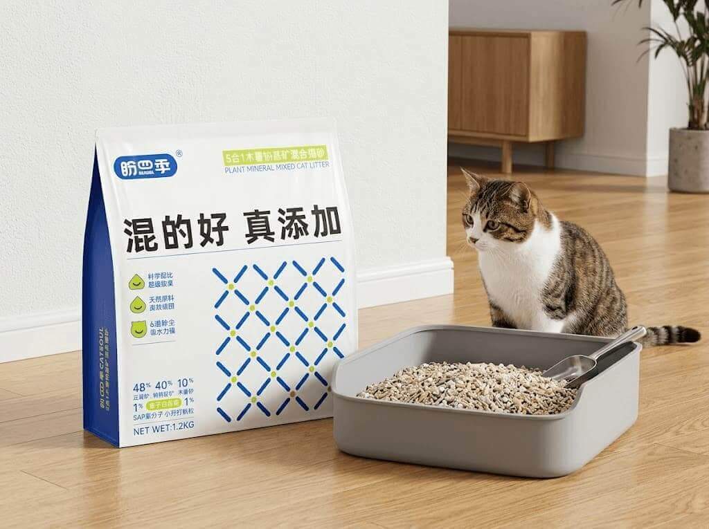 A tabby cat next to a litter box and a bag of 5-in-1 cassava mixed cat litter