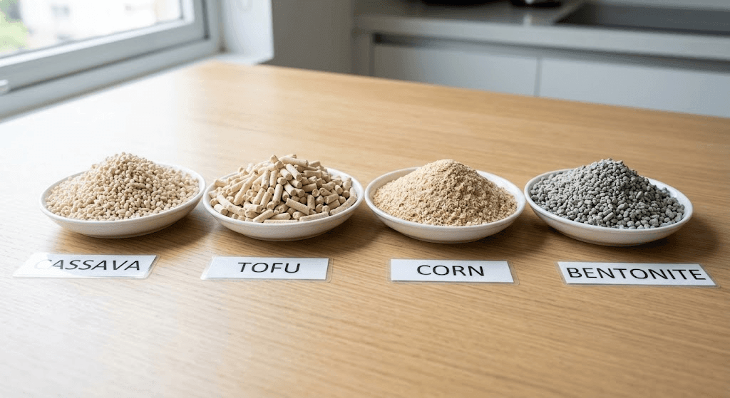 Comparison of plant-based and mineral cat litter materials including Cassava, Tofu, Corn, and Bentonite