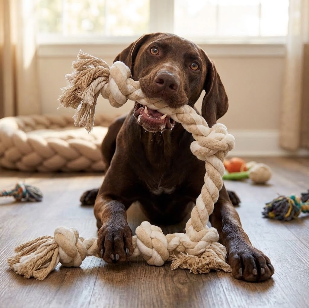 Durable knotted cotton rope dog chew toy for indoor interactive play, featuring a brown dog holding the toy.