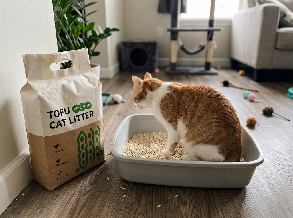A cat using a litter box filled with tofu cat litter