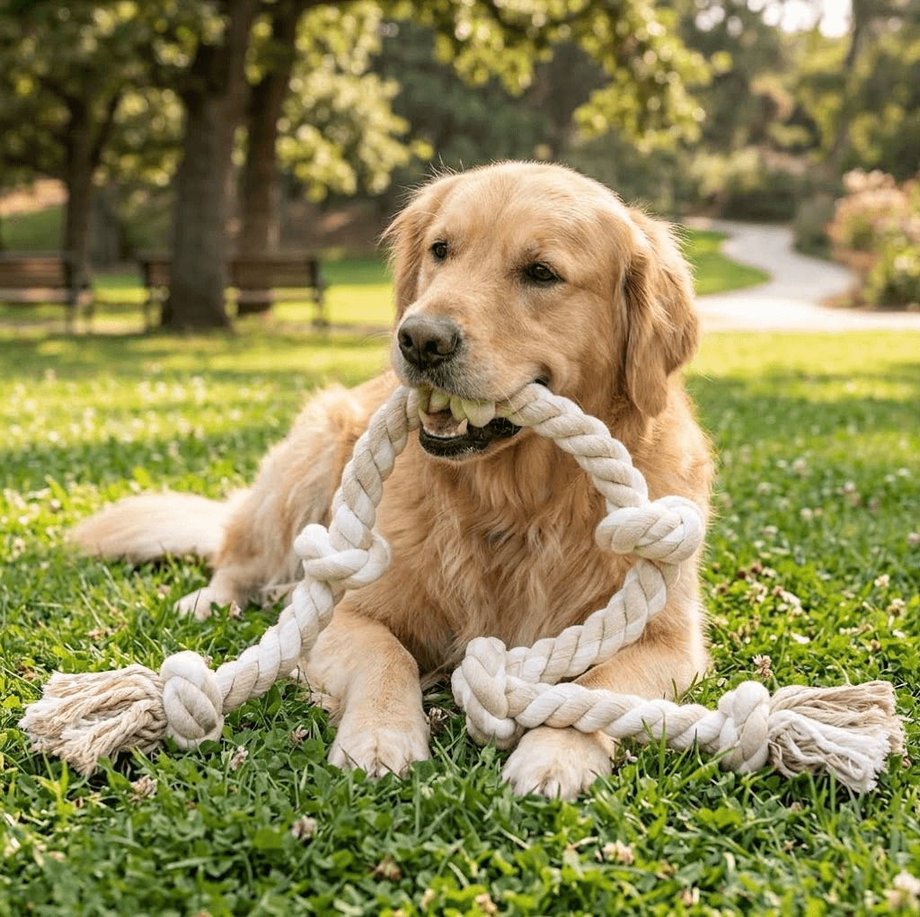 Durable knotted cotton rope dog chew toy for outdoor play, featuring a happy Golden Retriever playing on the grass.