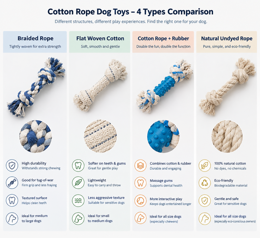 Product feature details for durable cotton rope dog toy and dog leash.