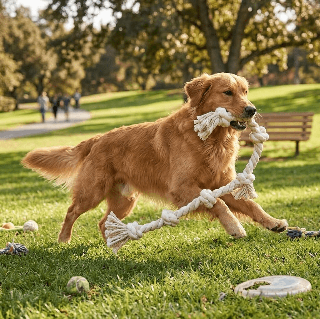Durable cotton rope dog leash and chew toy outdoor lifestyle display, featuring a happy Golden Retriever playing in the park.