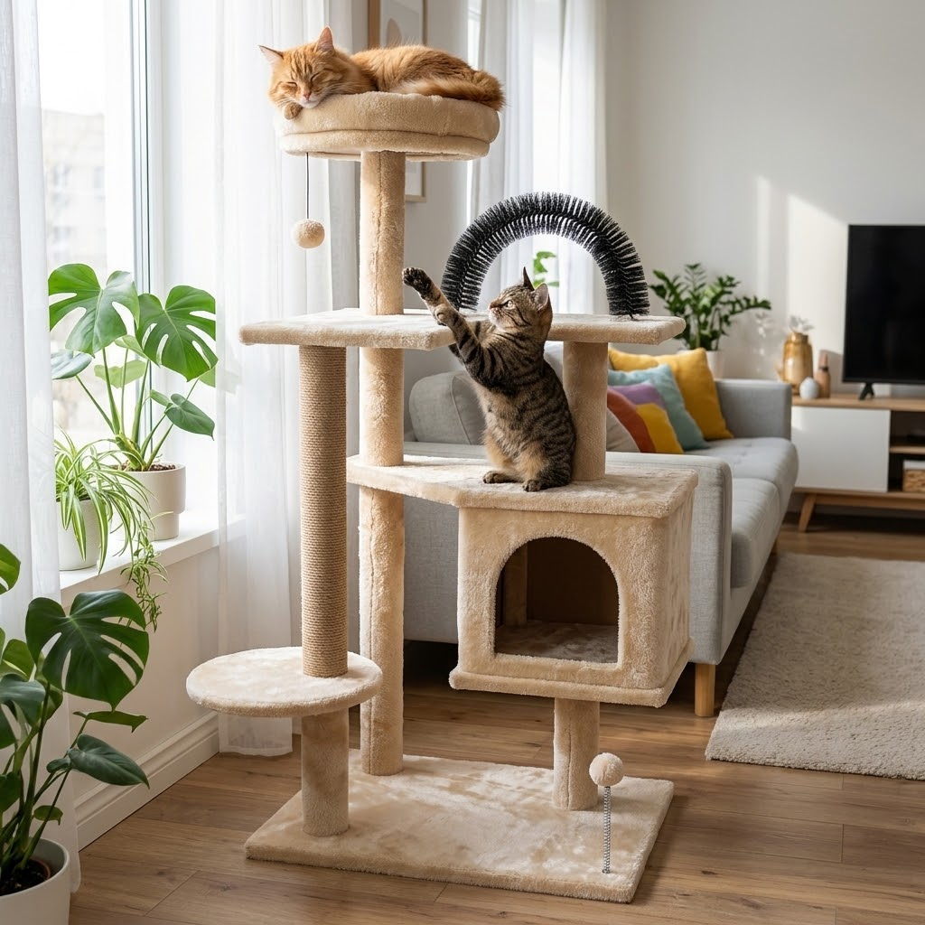 Beige multi-level cat tree with a cozy condo and self-grooming arch in a living room