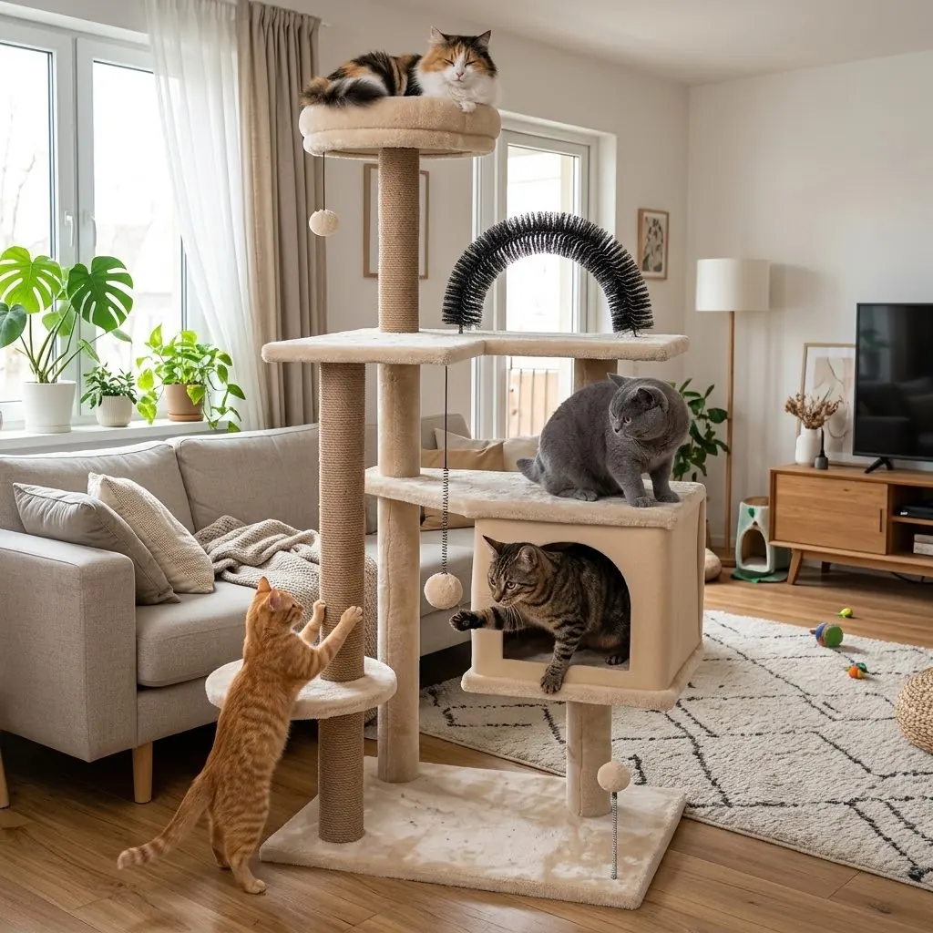 Cats resting, scratching and exploring a multi-level cat tree with a condo and grooming arch