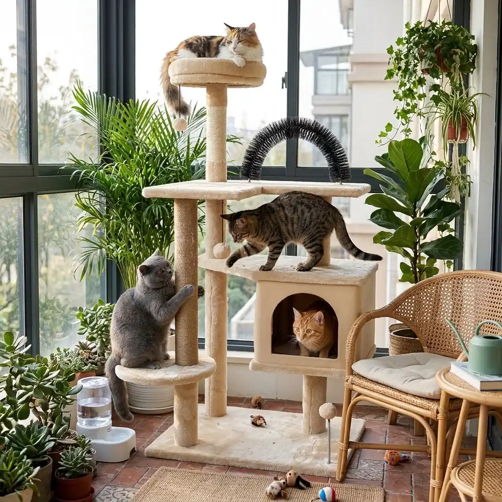 Multi-level cat tree providing elevated perches, scratching posts and a private condo