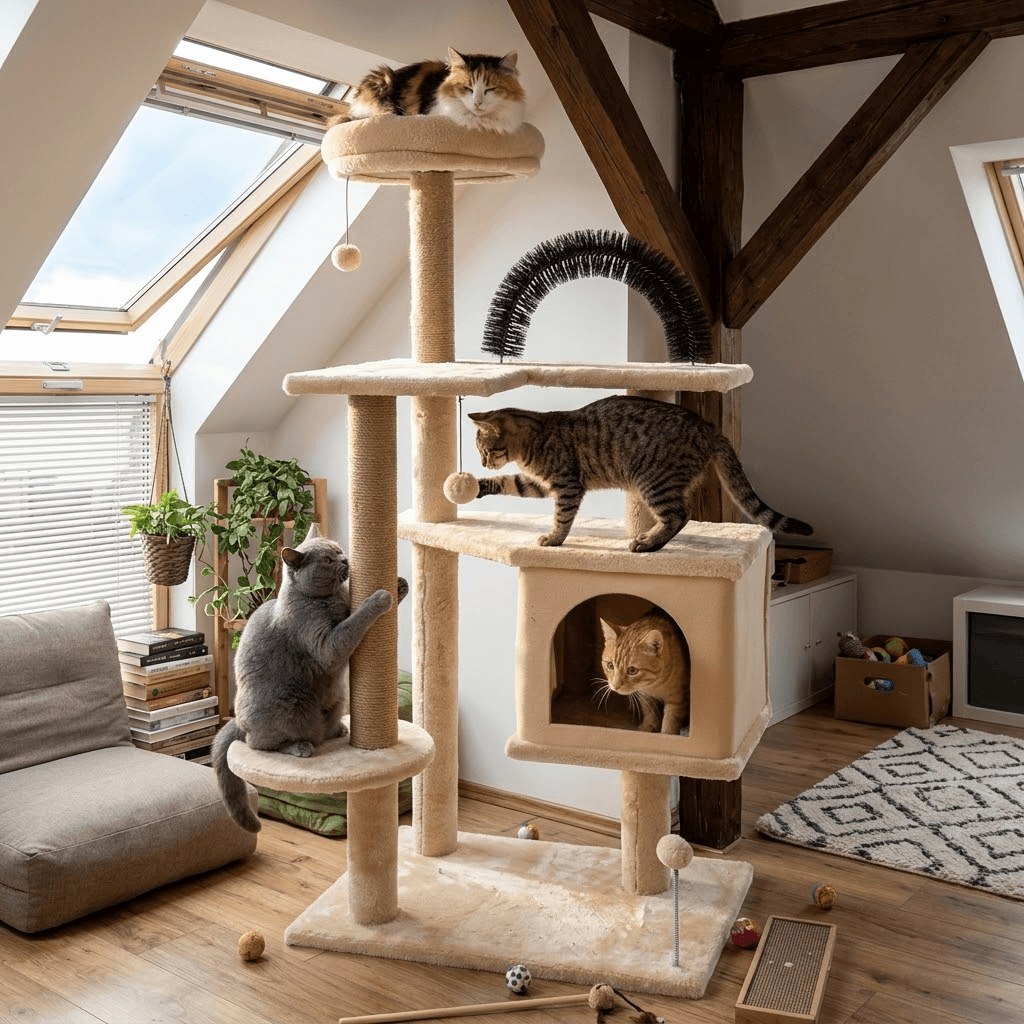 Indoor multi-level cat tree with sisal posts, platforms, a cozy condo and a grooming arch