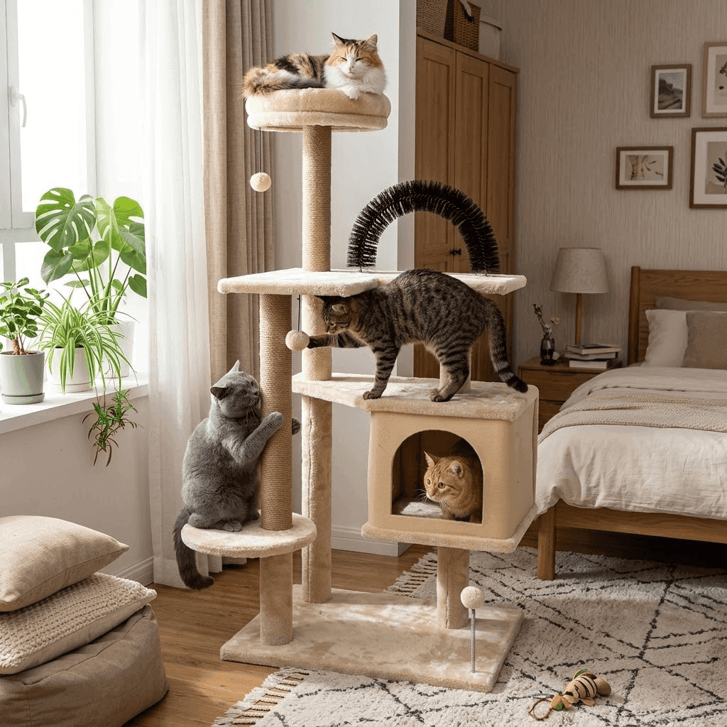 Cats using the perches and condo of a beige multi-level cat tree in a home interior