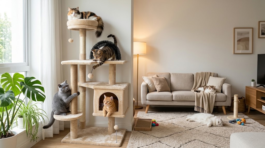 Multi-Level Cat Tree with Self-Grooming Arch and Cozy Condo
