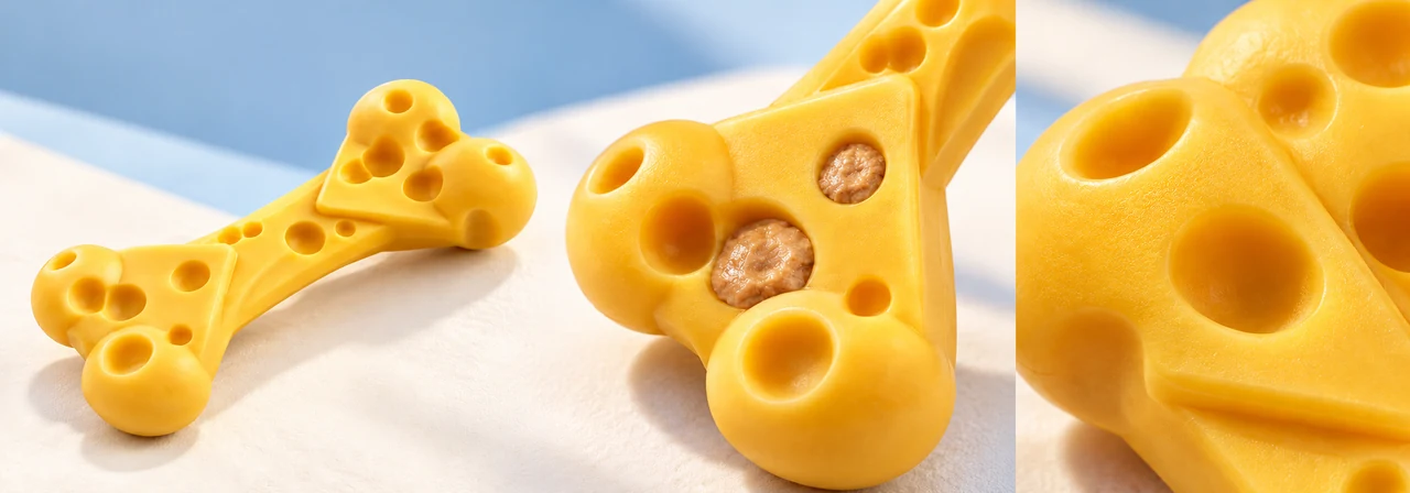 Treat cavities, textured surfaces and cheese bone chew toy flavor concept