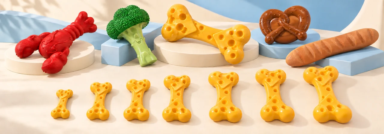Assorted food themed nylon dog chew toys shapes and sizes
