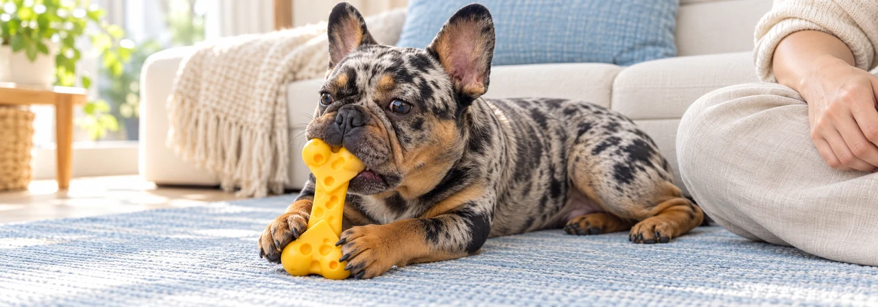 Dog engaging with cheese bone treat filling chew toy
