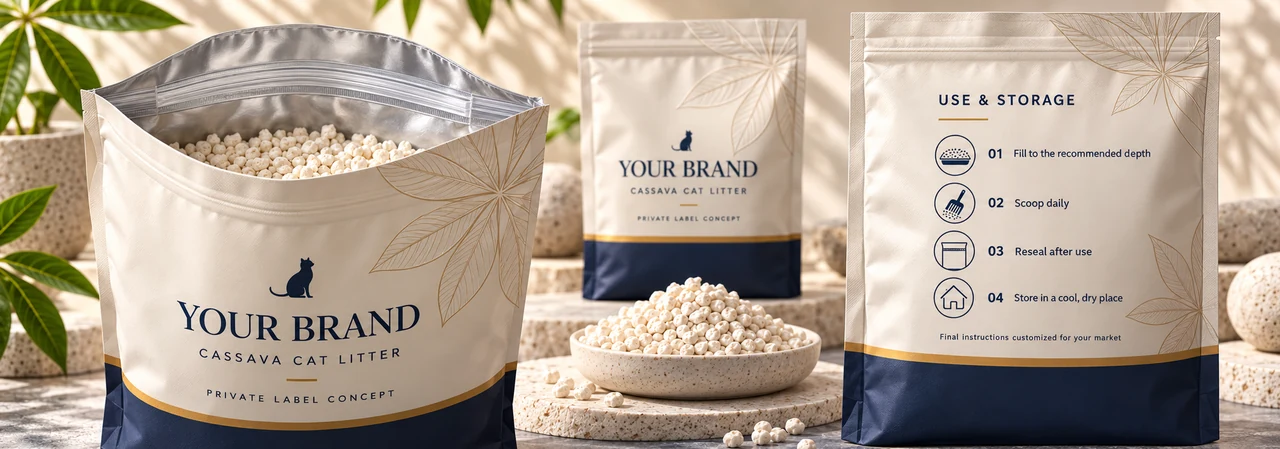 Cassava cat litter moisture-barrier packaging and consumer instructions