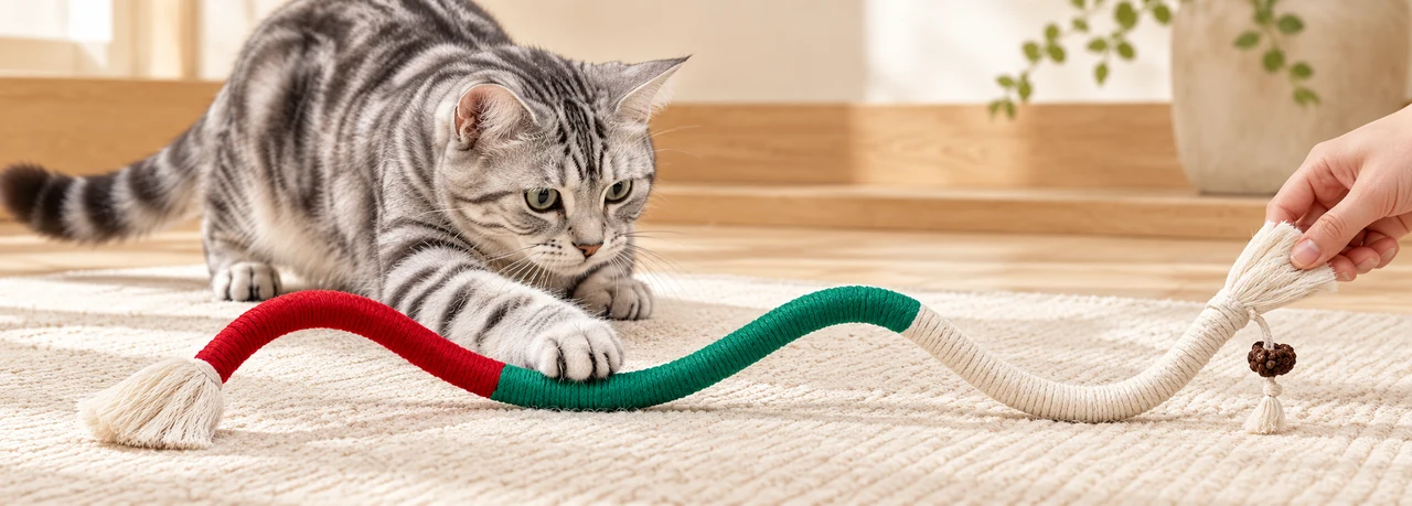 Catnip chew rope toy during supervised interactive cat play