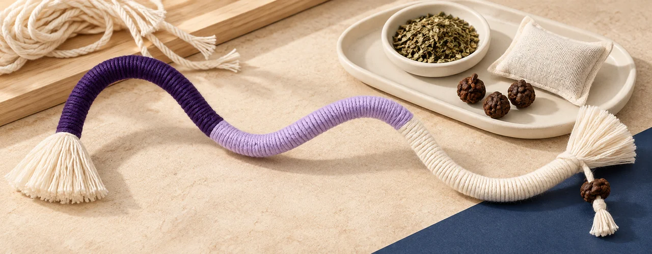 Close-up of organic cotton rope natural gall fruit and catnip bag components