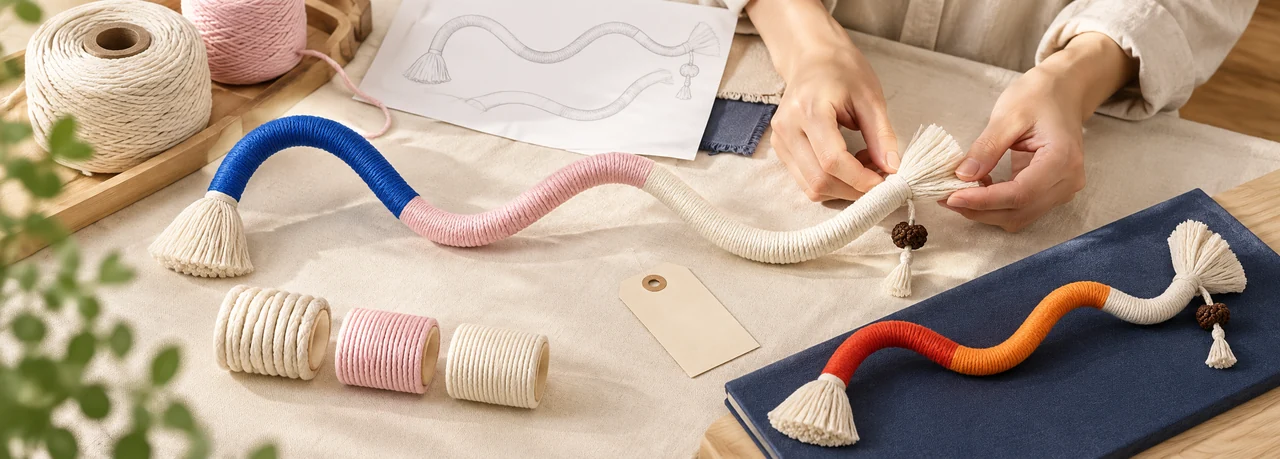 Textile braiding and knotting samples for catnip chew rope toys