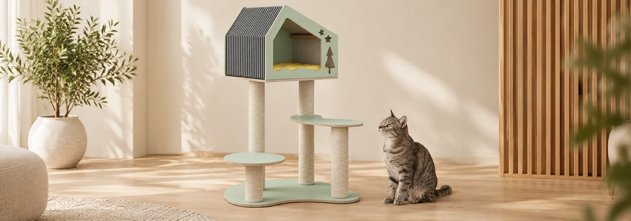 Christmas House Cat Tower showing its house, platforms, and festive cut-outs
