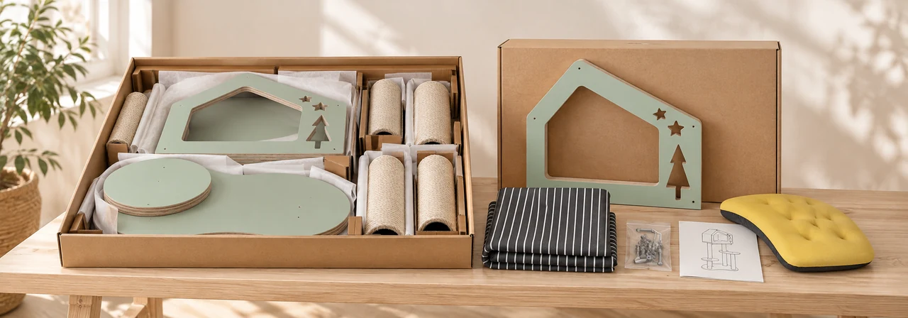 Flat-packed Christmas House Cat Tower with protective retail carton