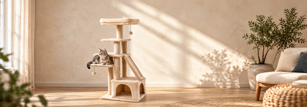 Classic multi-level cat tower with condo, platforms, scratching ramp, and sisal posts