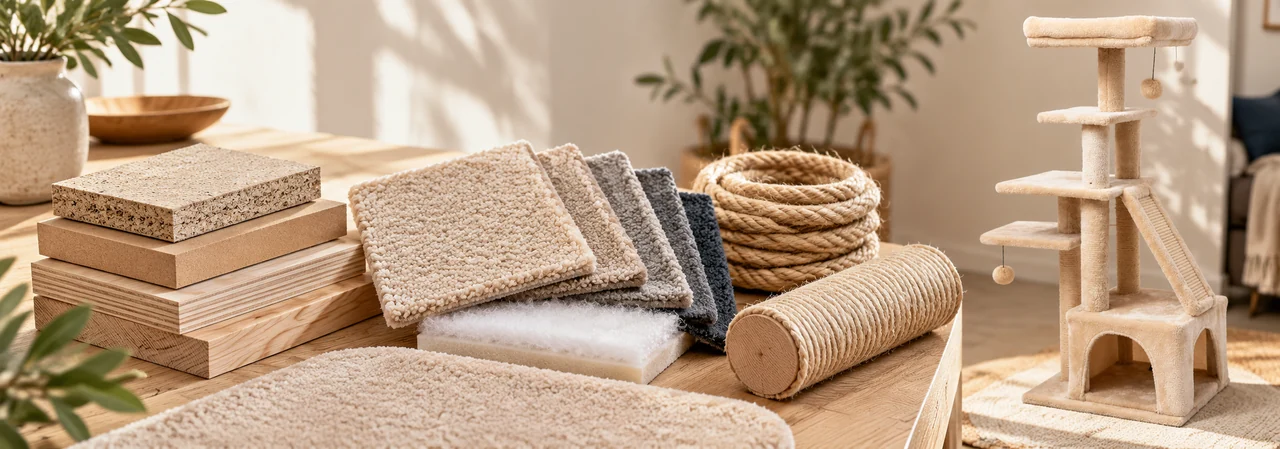 Cat tower board, fabric, and sisal material samples