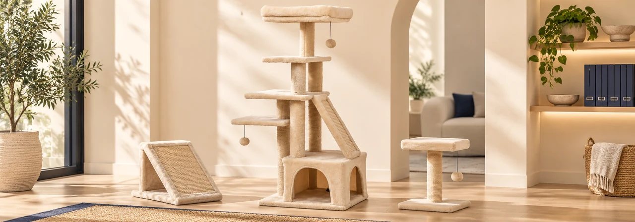 Classic cat tower beside matching pet furniture