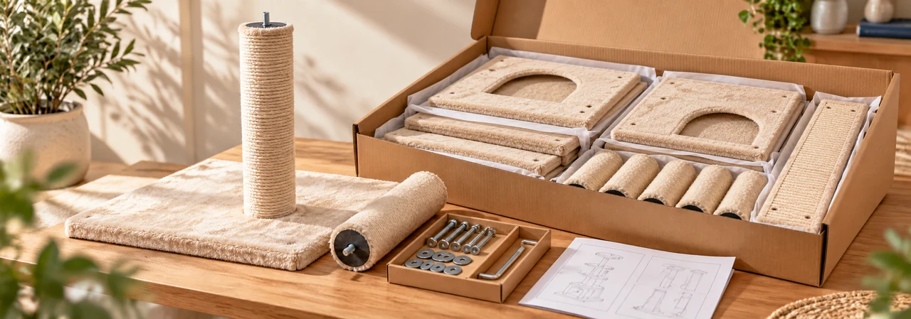 Cat tower base, fasteners, and flat-pack components