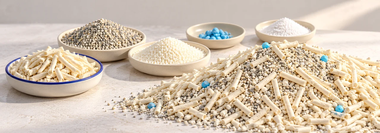 balanced plant and mineral litter granules shown side by side